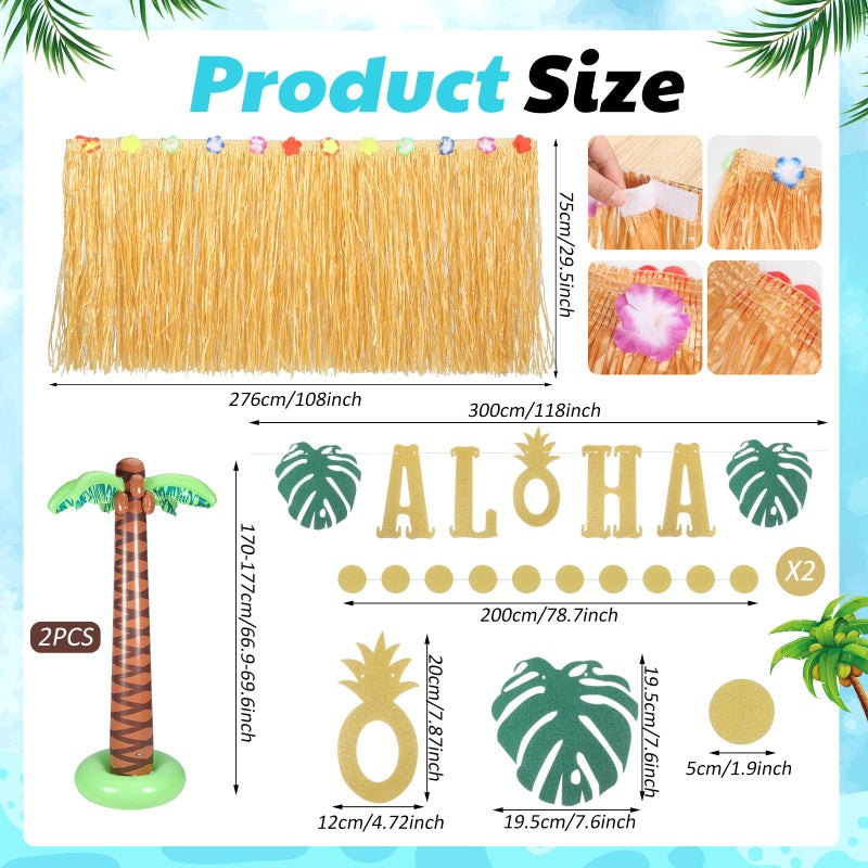 MiniInflat 4 Pcs Hawaiian Party Decorations Include 2 Pack 5.9ft Giant Inflatable Palm Trees 1 Pcs 9.06 x 2.46 ft Luau Grass Table Skirt 1 Glittery Aloha Banner for Tropical Summer Hawaiian Luau - Image 2